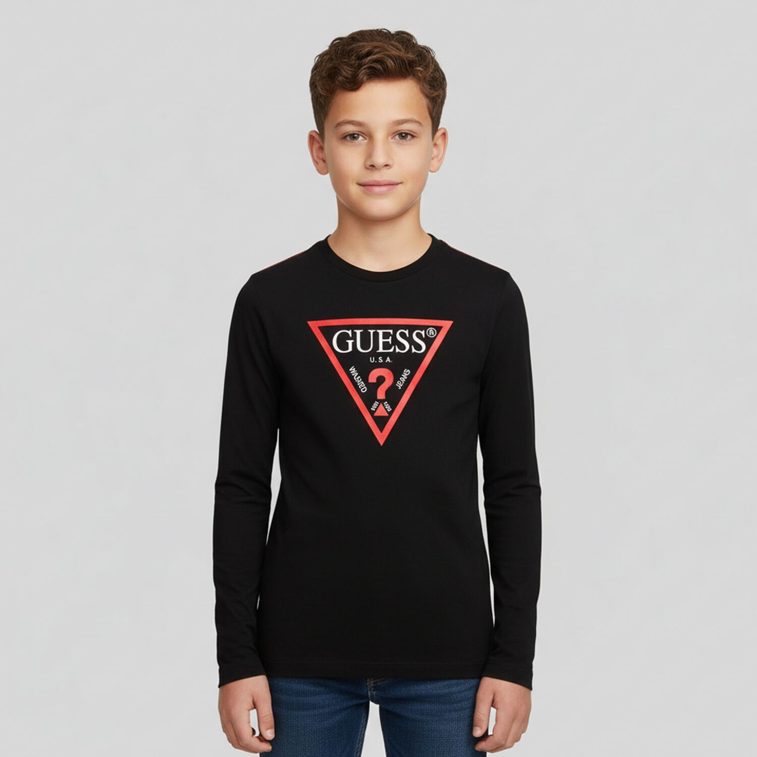 Boys Black Logo Long Sleeve Top, 1, hi-res