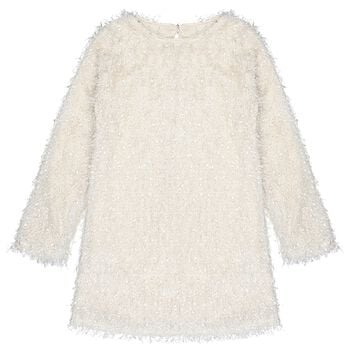 Girls Beige Metallic Fringed Dress