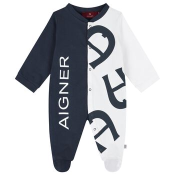 Boys Navy Blue & White Logo Babygrow