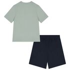 Boys Green & Navy Blue Logo Shorts Set, 3, hi-res