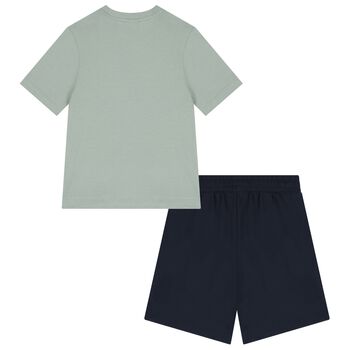 Boys Green & Navy Blue Logo Shorts Set