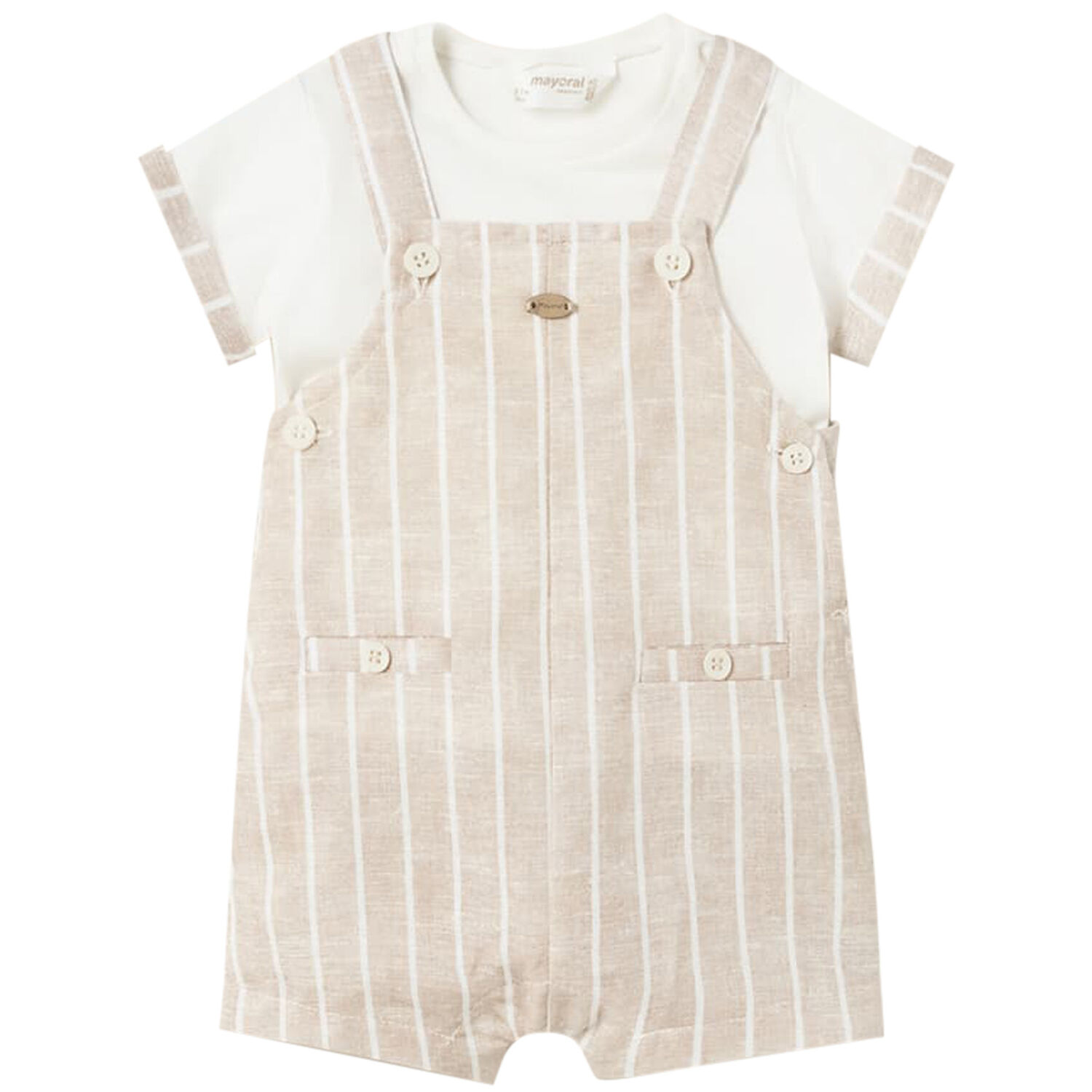 Baby Boys White & Beige Dungaree Set, 1, hi-res