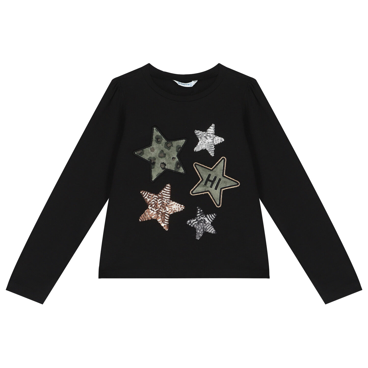 Girls Black Embellished Stars Long Sleeve Top, 1, hi-res image number null