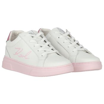 Girls White & Pink Logo Trainers