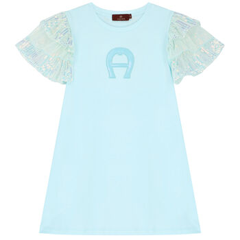 Girls Aqua Sequin Logo Dress