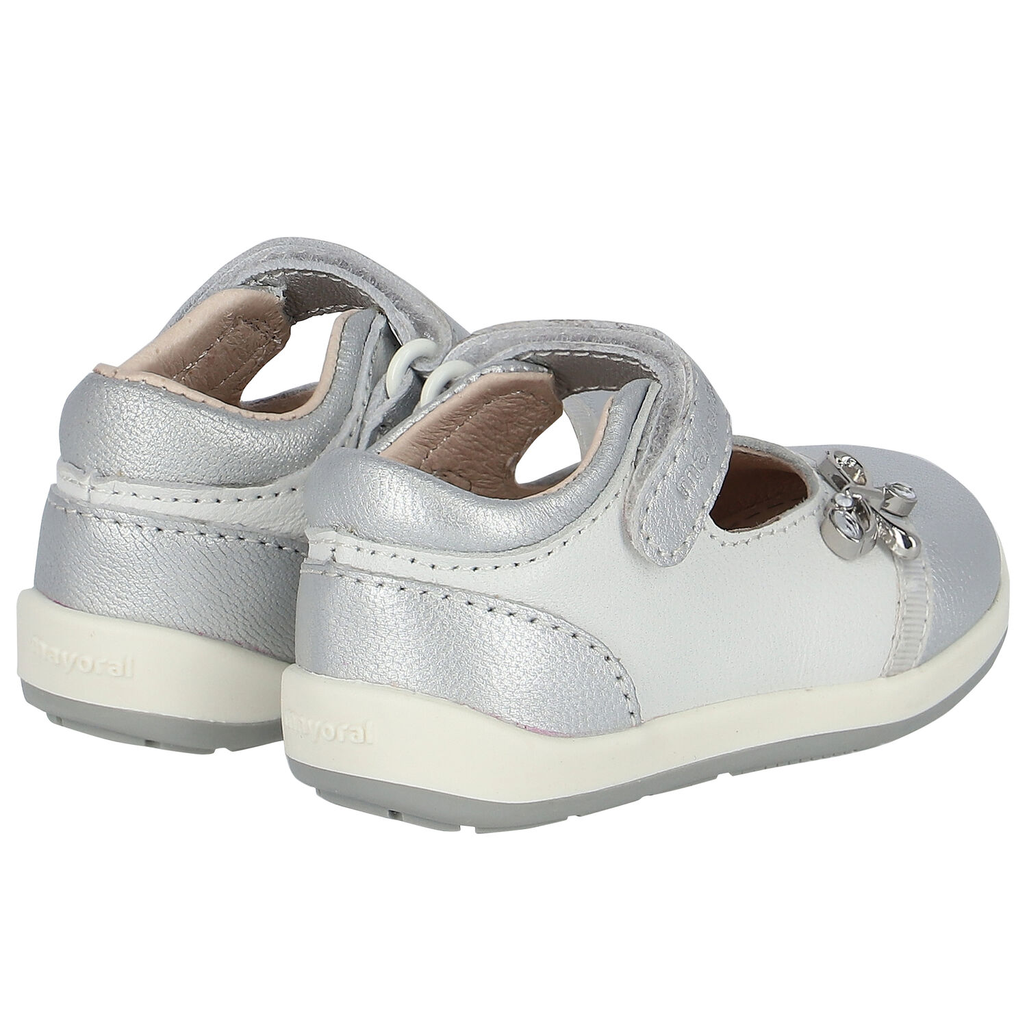 Younger Girls White & Silver Leather Shoes, 1, hi-res image number null