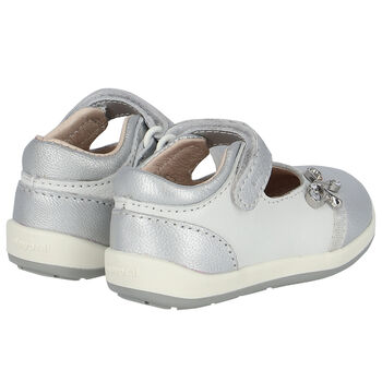 Younger Girls White & Silver Leather Shoes