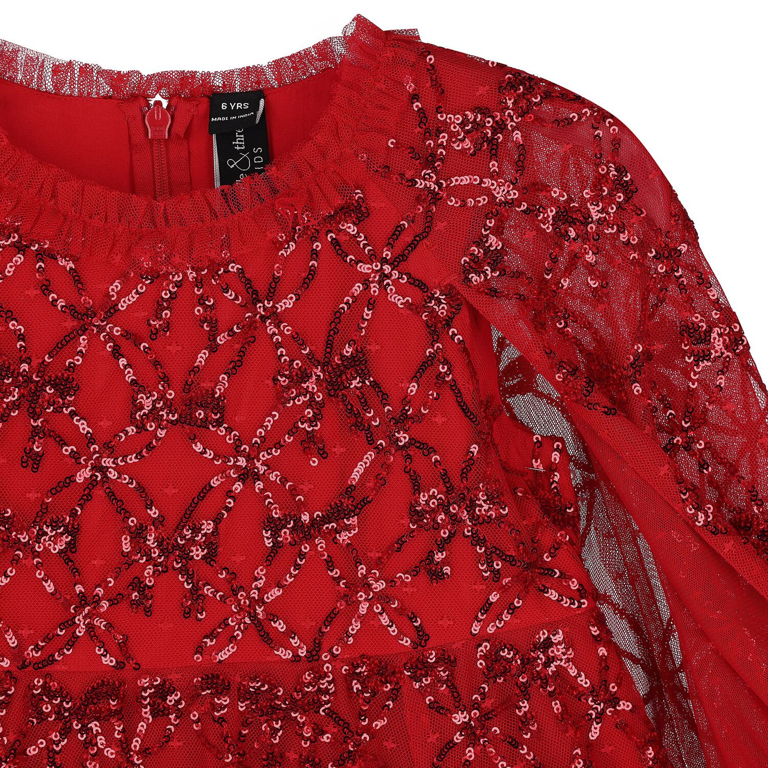 Girls Red Bow Lattice Sequin Cape Dress, 2, hi-res