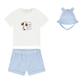 Baby Boys White & Blue  Striped Shorts & Hat Set 