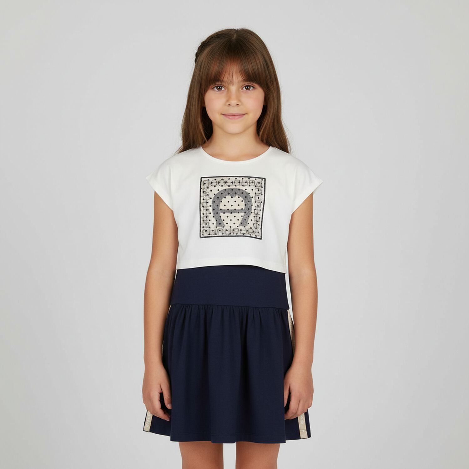 Girls Navy Blue & Ivory Logo Dress Set, 1, hi-res