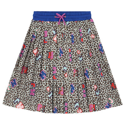 Girls Brown & Blue Animal Print Pleated Skirt