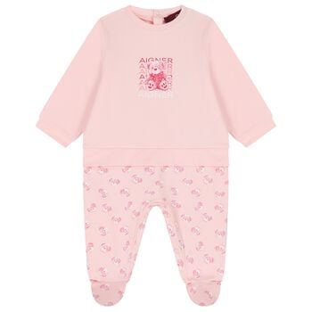 Baby Girls Pink Teddy Bear Logo Babygrow