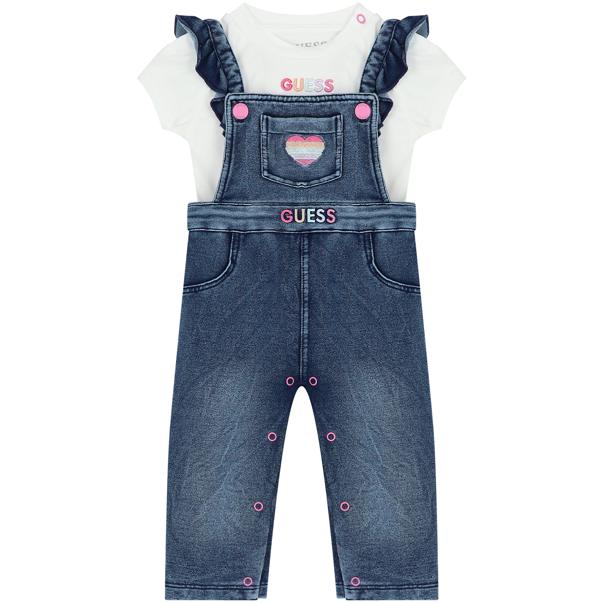 Guess Baby Girls White Blue Logo Dungaree Set Junior Couture UAE