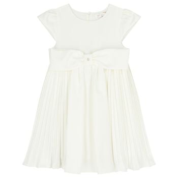 Girls White Bow Pleated Dress