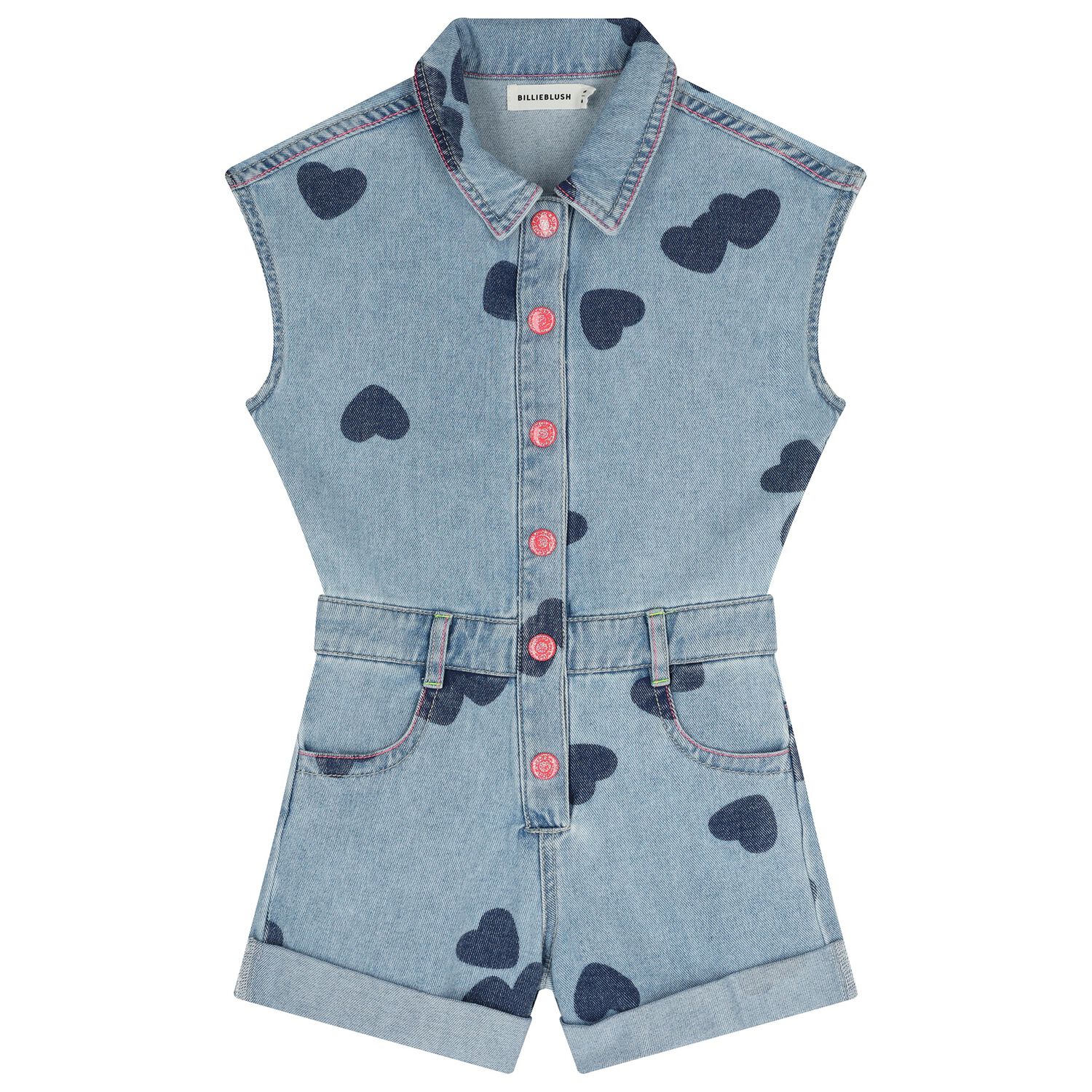 Girls Blue Heart Denim Playsuit, 1, hi-res