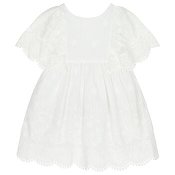 فستان بنات بنقشة أزهار ودانتيل باللون الأبيض