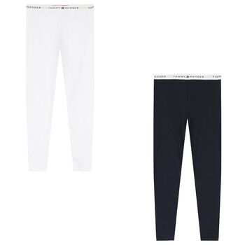 Girls White & Navy Blue Cotton Leggings ( 2-Pack )
