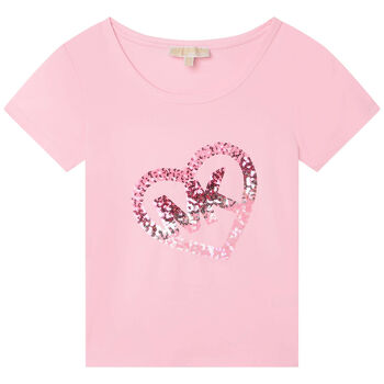 Girls Pink Sequin Heart Logo T-Shirt