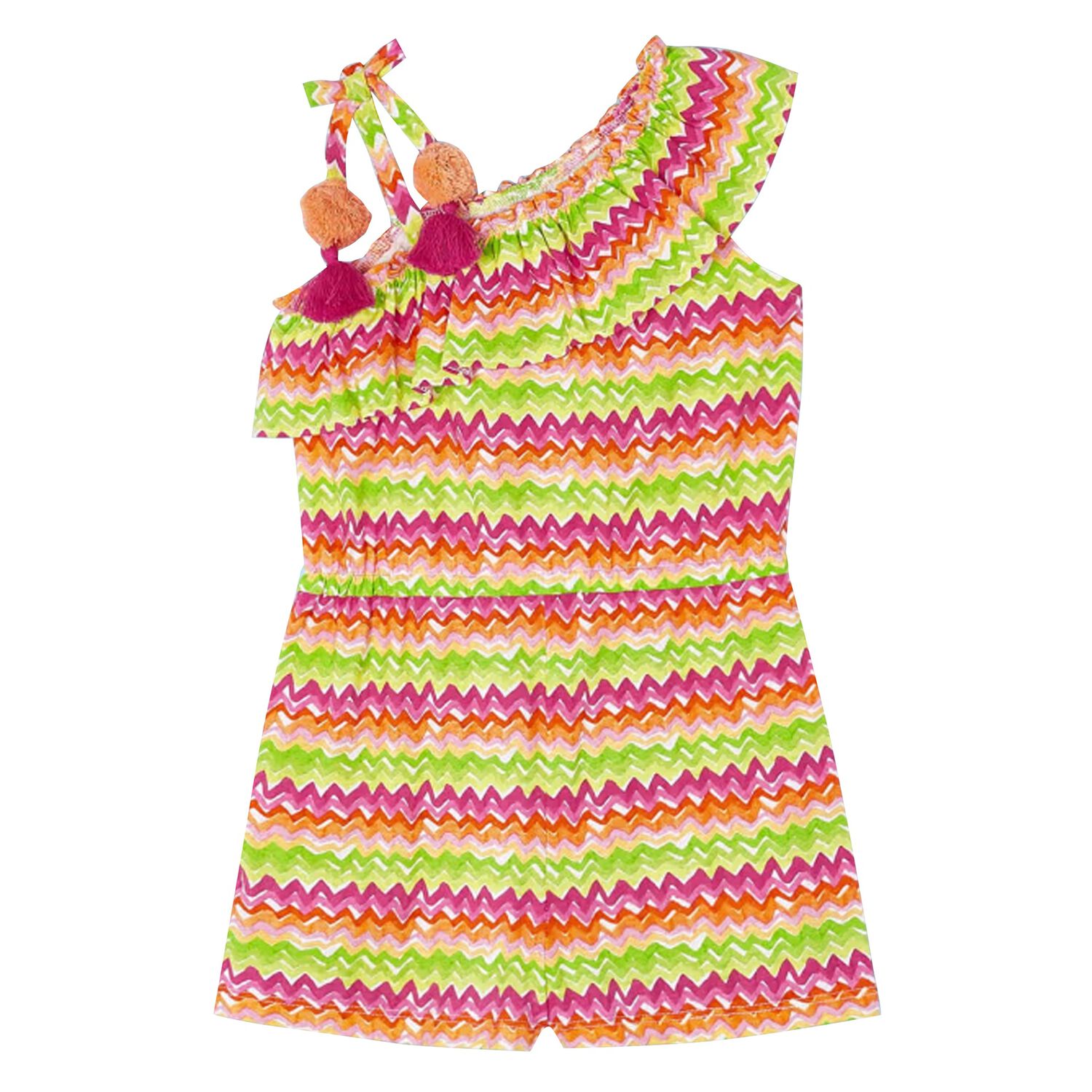 Girls Orange, Pink & Green Zigzag Striped Playsuit, 1, hi-res