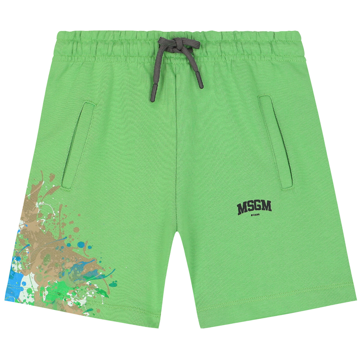 Boys Green Paint Splatter Logo Shorts, 1, hi-res