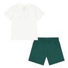 Younger Boys White & Green Logo Shorts Set, 1, hi-res