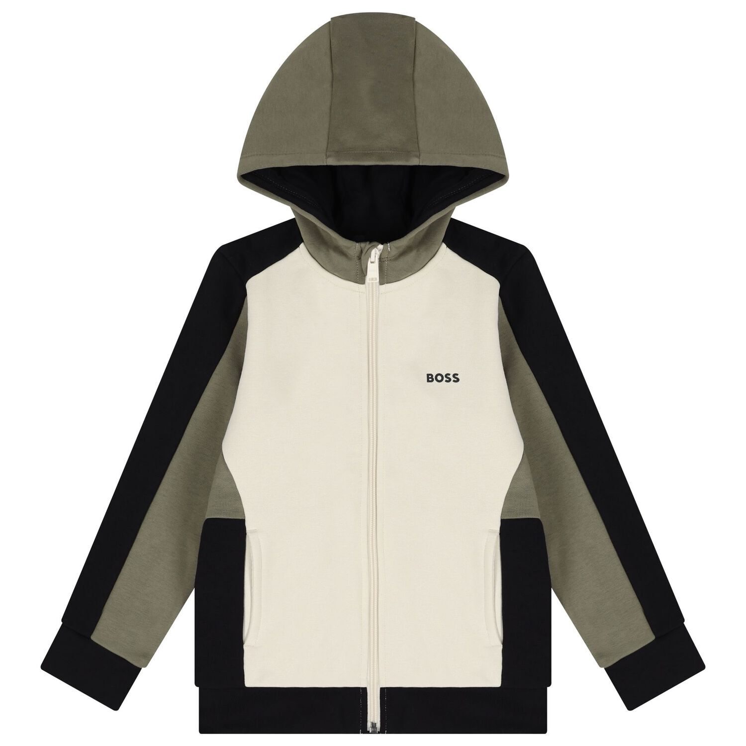 Boys Ivory, Green & Black Logo Hooded Zip Up Top, 2, hi-res