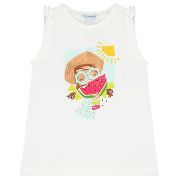 Girls White Cotton Graphic Print Top