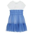 Girls White & Blue Logo Tulle Dress, 2, hi-res