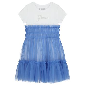 Girls White & Blue Logo Tulle Dress