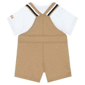 Baby Boys White & Beige Dungaree Set