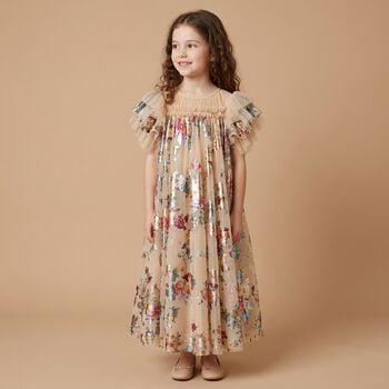 Girls Beige Tulle Flowers Dress