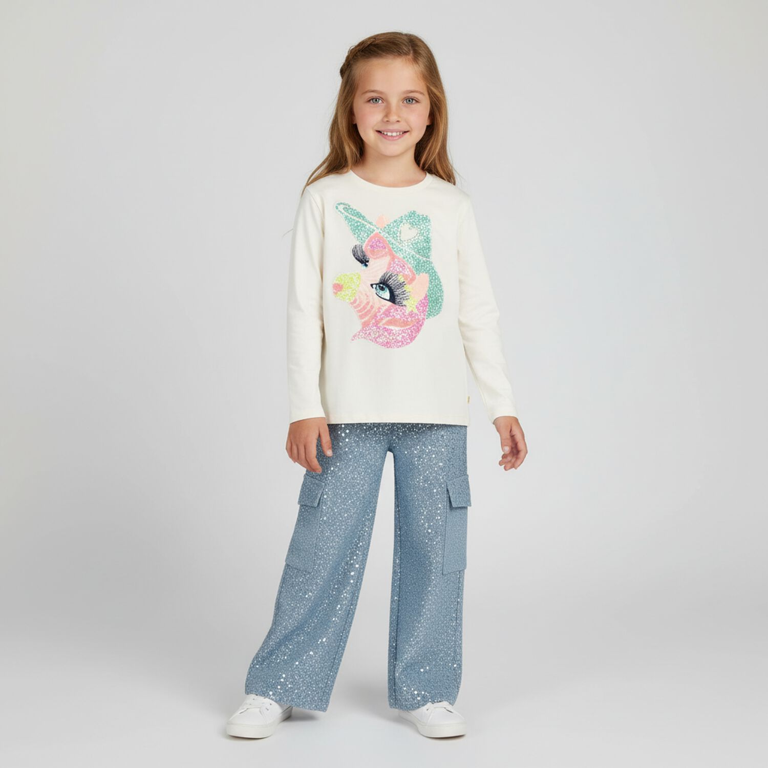 Girls Ivory Horse Long Sleeve Top, 1, hi-res
