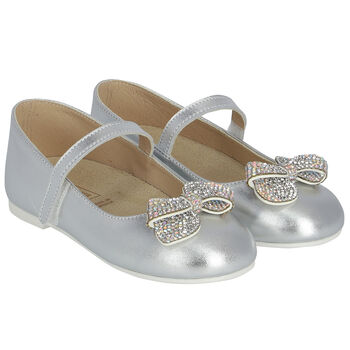 Girls Silver Diamante Bow Shoes