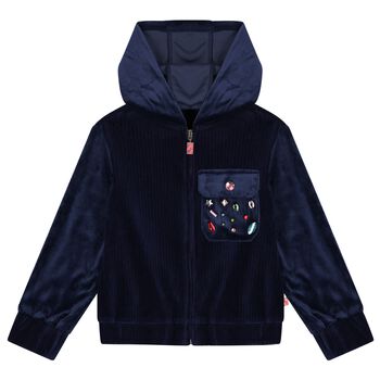 Girls Navy Blue Velvet Hooded Zip Up Top