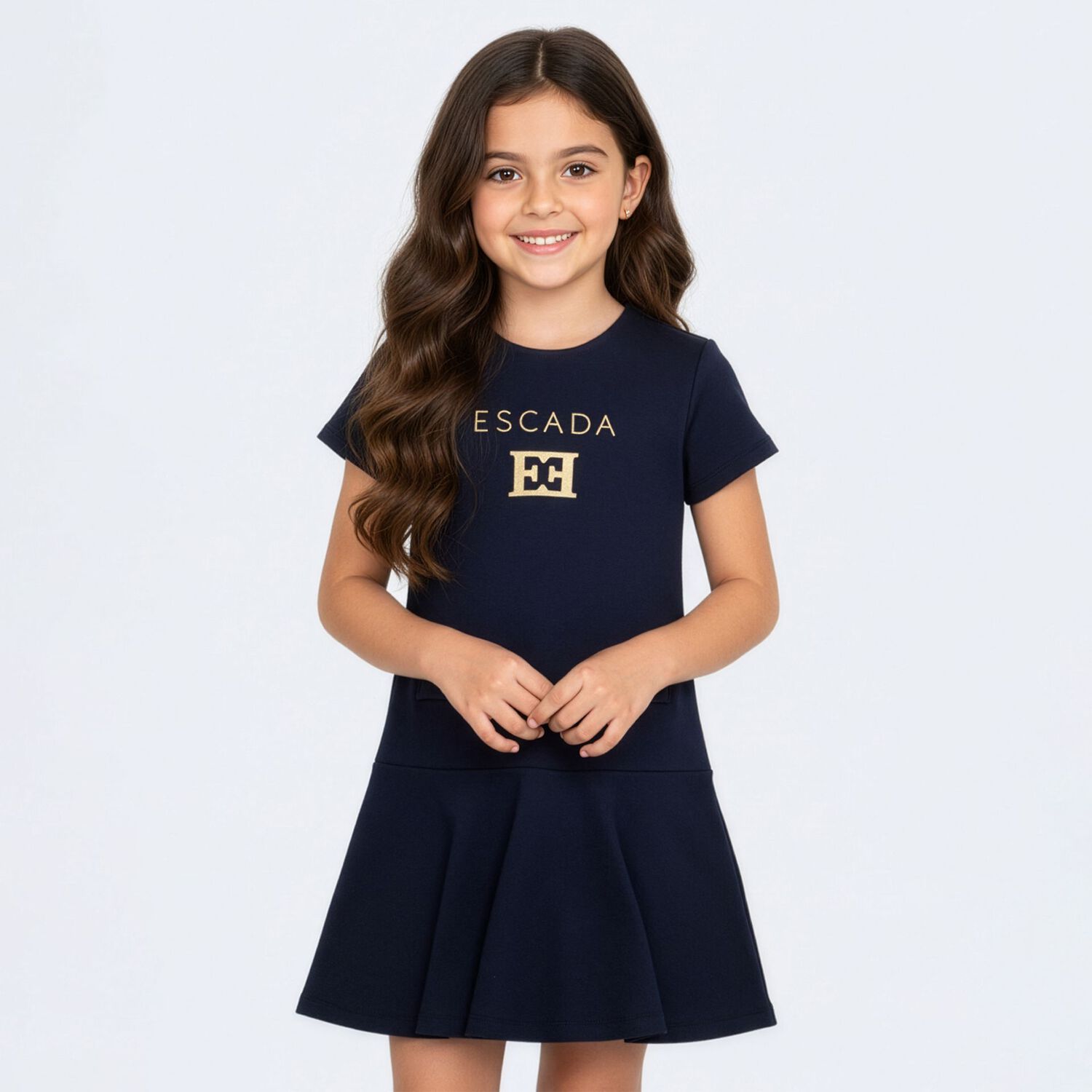 Girls Navy Blue & Gold Logo Dress, 2, hi-res