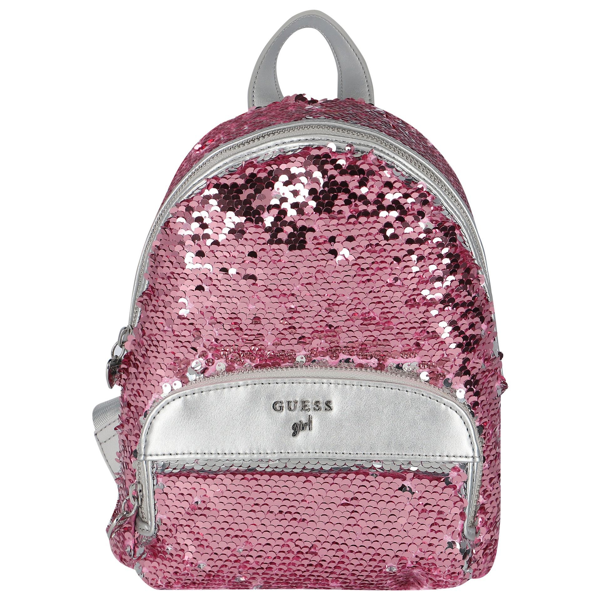 Guess Younger Girls Silver Pink Logo Sequin Backpack Junior Couture UAE
