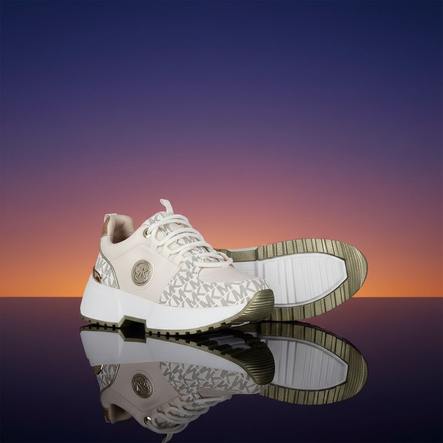 Girls Ivory & Gold Logo Trainers, 1, hi-res