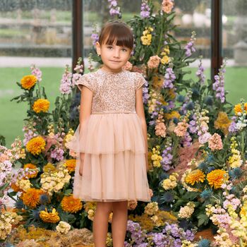 Girls Beige Sequin & Tulle Dress