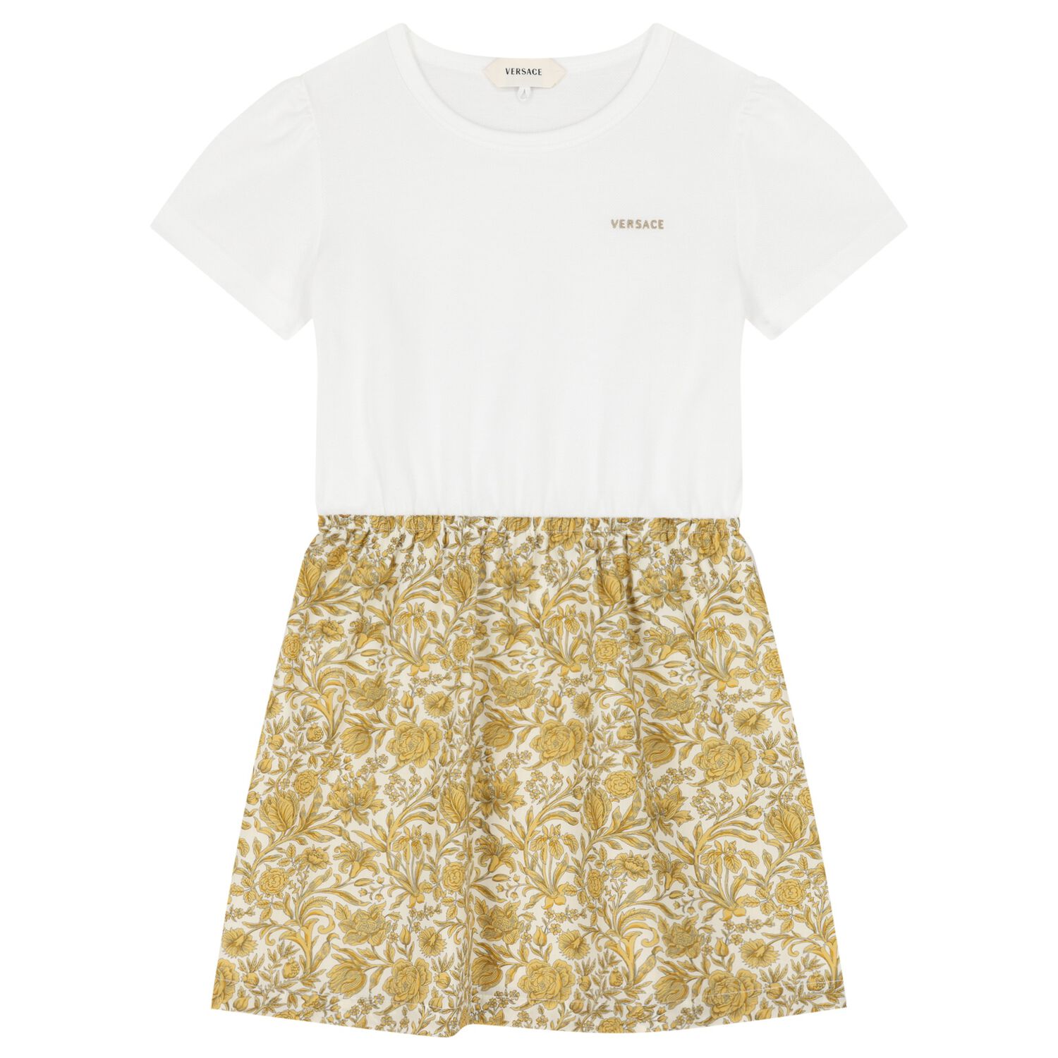 Girls White & Gold Floral Dress, 1, hi-res