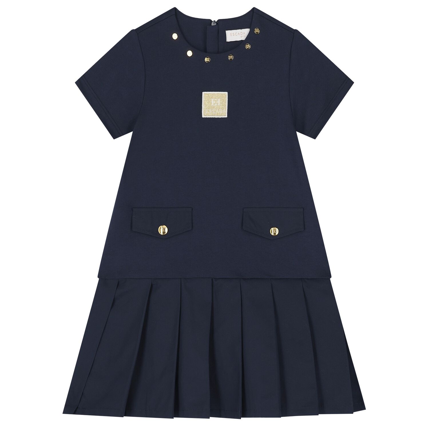 Girls Navy Blue Logo Pleated Dress, 2, hi-res