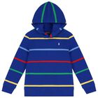 Boys Blue Logo Striped Hooded Top, 1, hi-res