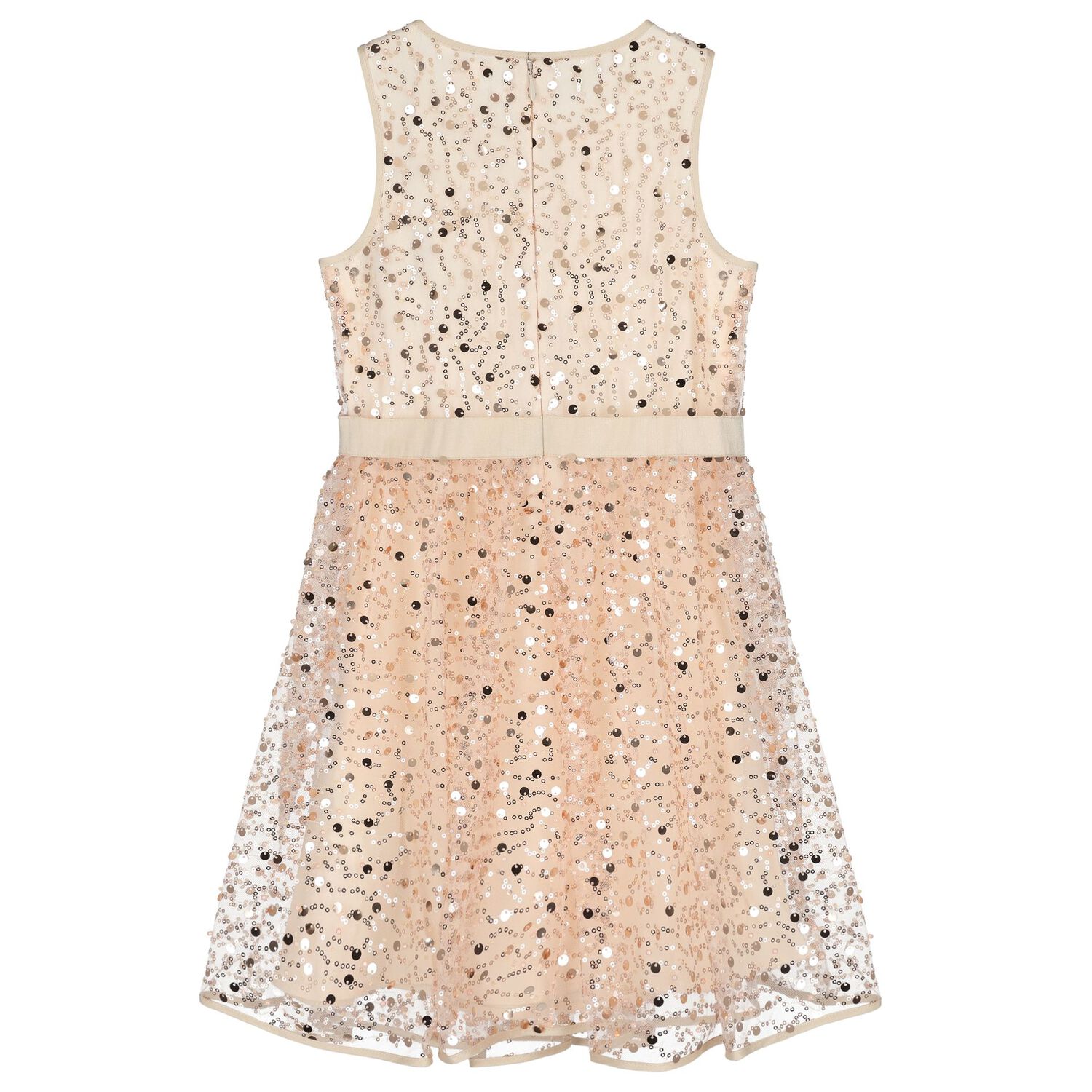 Girls Beige Embellished Sequin Dress, 1, hi-res