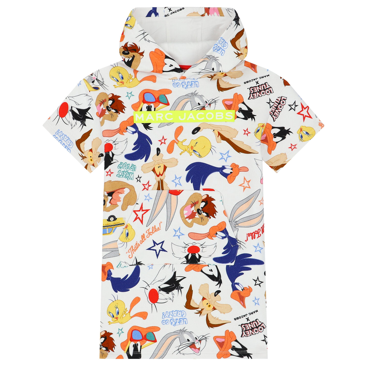 Girls White Looney Tunes Hooded Dress, 1, hi-res