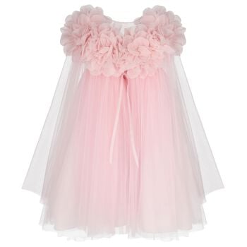 Girls Pink Organza Floral & Tulle Cape Dress