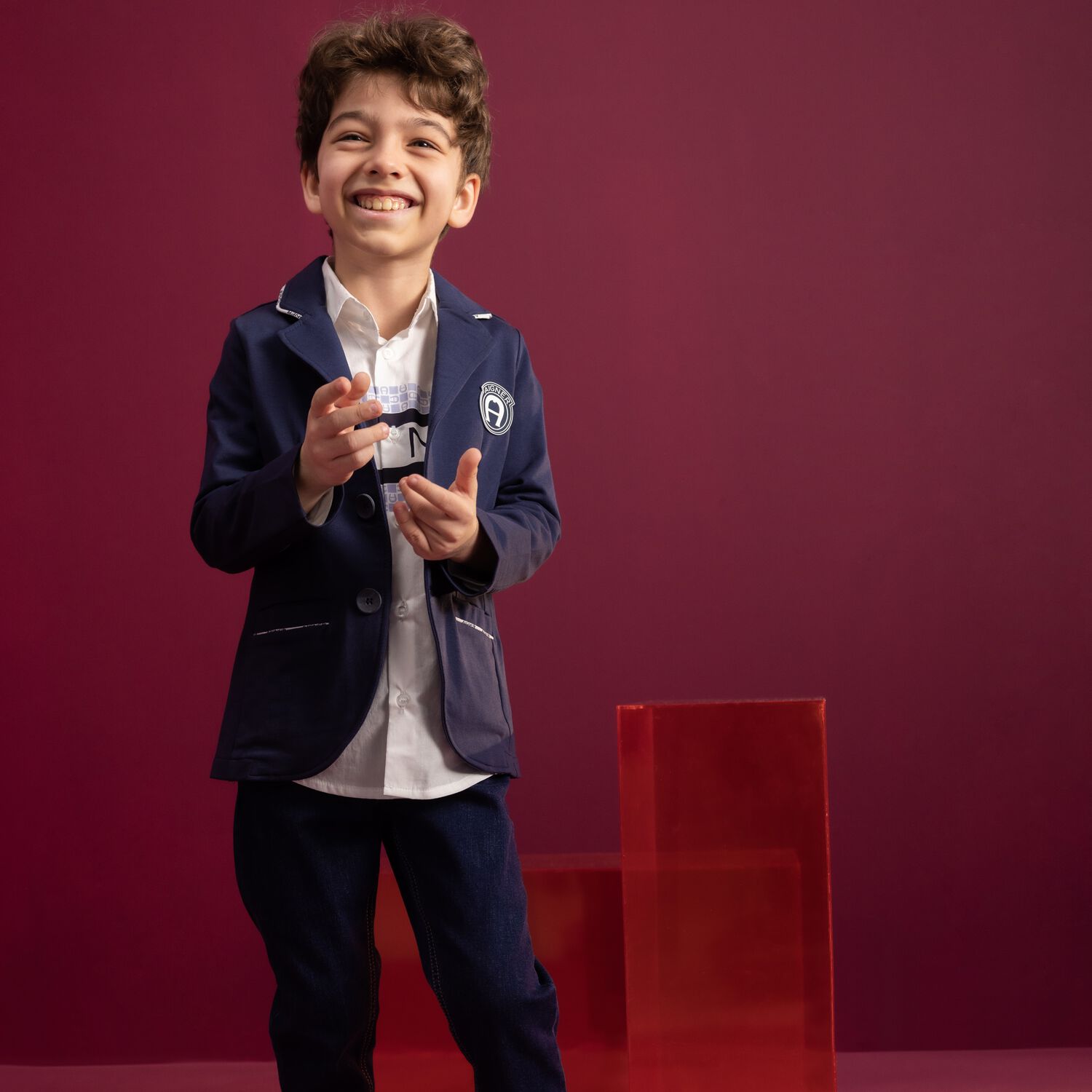 Boys Navy Logo Blazer, 1, hi-res