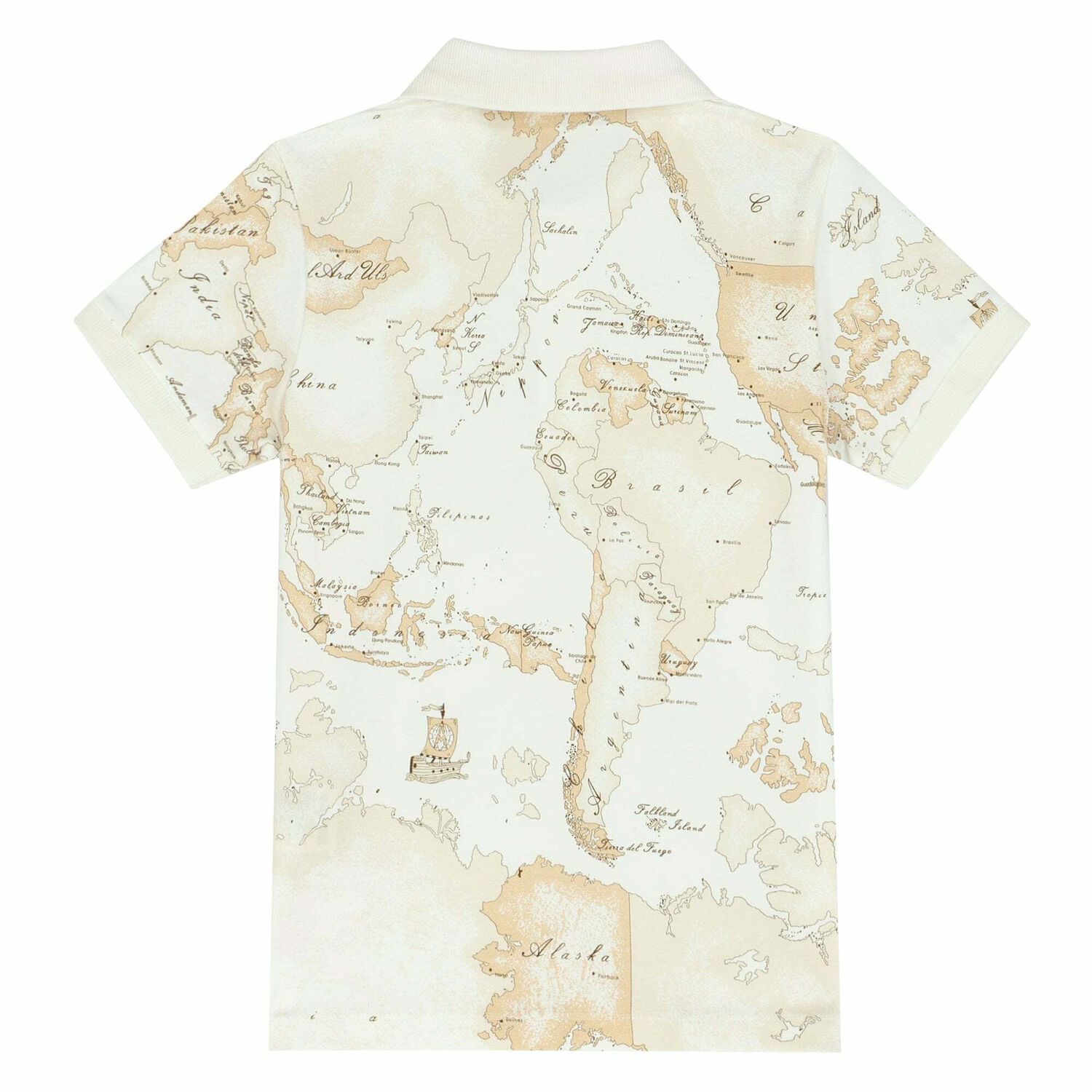 Boys White & Beige Geo Map Polo Shirt, 2, hi-res image number null