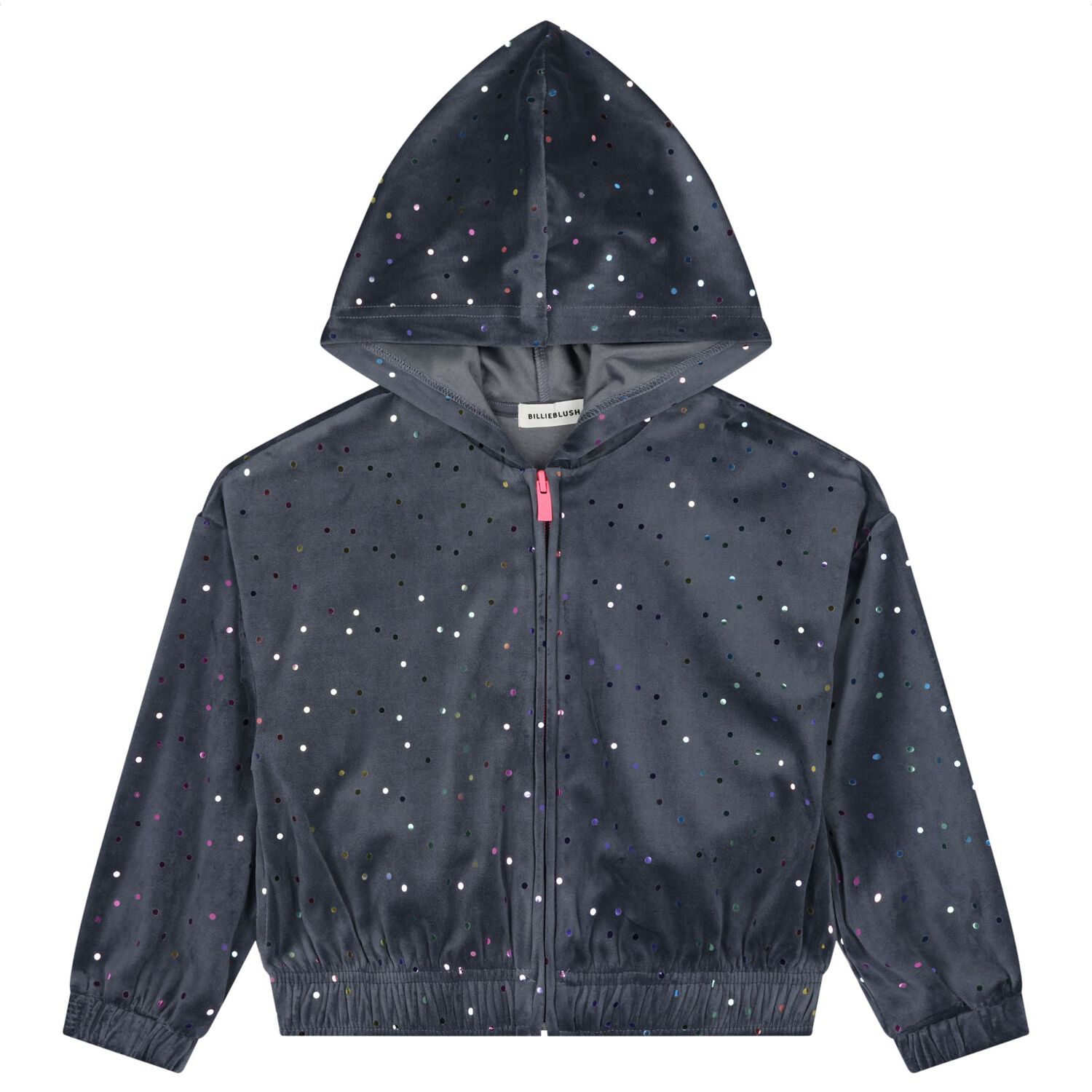Girls Grey Dot Hooded Zip Up Top, 1, hi-res