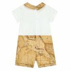 Baby Boys White & Beige Geo Map Romper, 1, hi-res