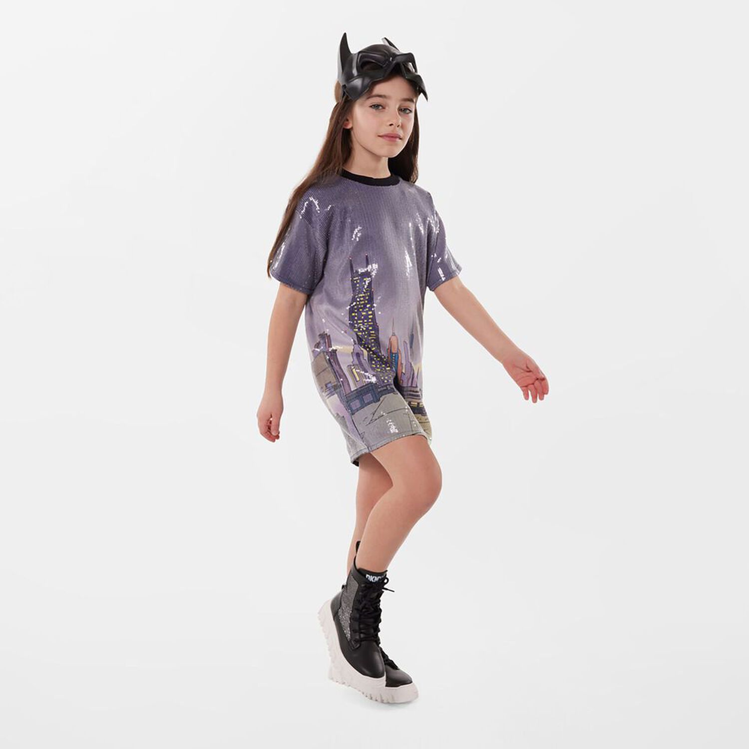 Girls Navy Blue Batman Embellished Dress, 1, hi-res