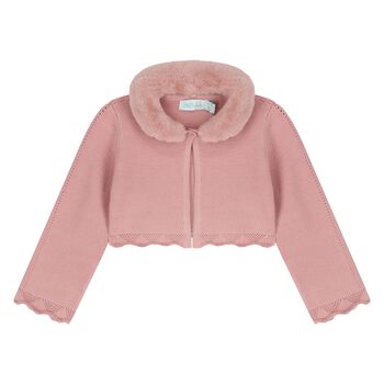 Younger Girls Pink Faux Fur Collar Cardigan